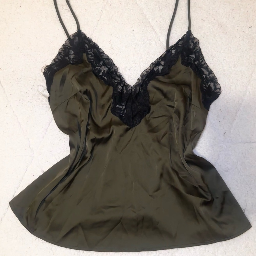 Silky Olive Green Camisole with Black Lace Trim